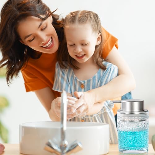 Image of Glass Foaming Soap Dispenser Set - 2 Pack Foam Hand Soap Dispenser for Bathroom, Clear Hand Wash Dispenser Bottle with Matte Silver Pump for Kitchen, 8 Oz Refillable Dish Liquid Foam Dispenser 2 Pcs