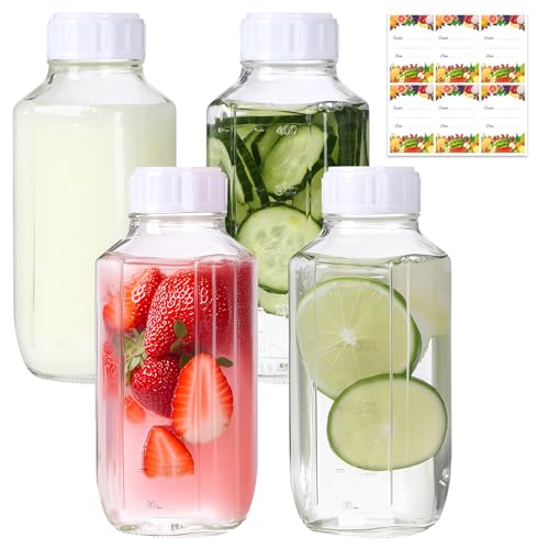 Alotpower 16 oz Glass Juice Bottles with Lids 4 Pack,Empty Square Reusable Glass Bottles for Juicing,Milk,Kombucha,Milkshakes(16fl.oz,set of 4)