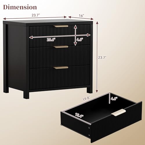 Image of Fluted Nightstands Set of 2, 23.7'' Wide Night Stand with 3 Drawers, Mid-Century Modern Bedside Table with Handles, Wood End Table for Bedroom, Black