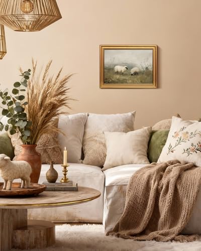Image of VIYYIEA Vintage Gold Framed Wall Art for Living Room, Sheep Canvas Prints Home Decor, Oil Painting Picture, Bedroom Wall Decor Gifts for Friends or Family -【Valais Blacknose Sheep】-(16L x 12W)