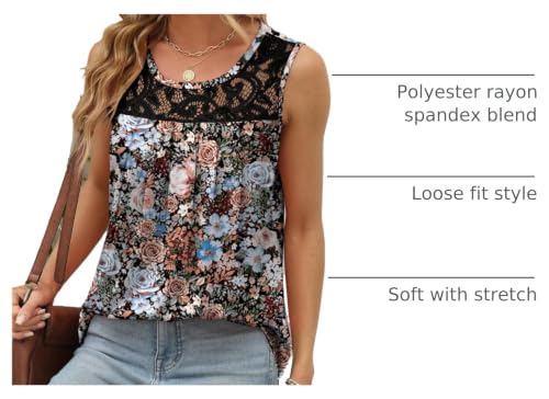 Image of Saloogoe Summer Tank Tops for Women Loose Fit Pleated Tunics Scoop Neck Sleeveless Lace Tops Curved Hem Flowy