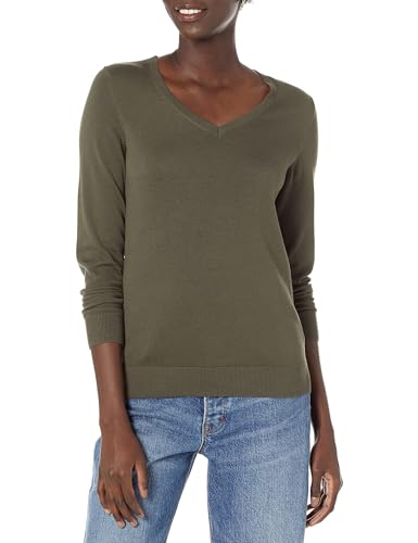 Amazon Essentials Damen Regular-Fit Leichter Langarm-Pullover V-Ausschnitt (In Übergröße Erhältlich), Dunkles Olivgrün Meliert, L