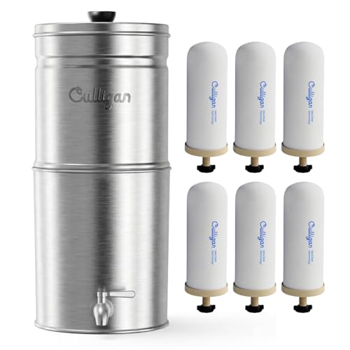 Image of Culligan MaxClear 3 Gallon Gravity Water Filter System, Brushed Stainless-Steel Countertop Water Filter NSF /ANSI Certified to Reduce Microplastics, Lead & Total PFAS, with 6 Ceramic Filters
