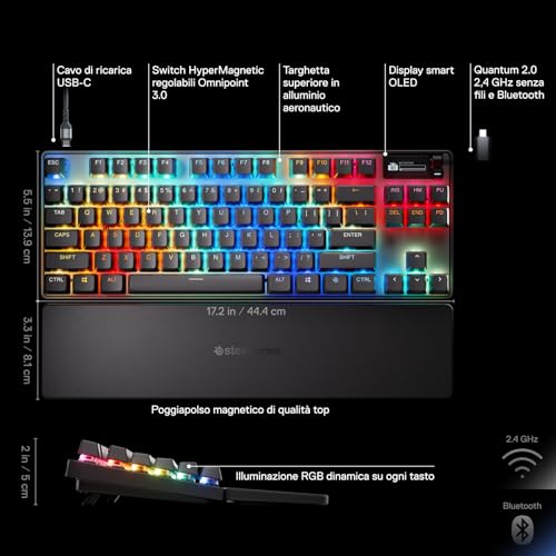SteelSeries Apex Pro TKL Wireless Gen 3 Tastiera Wireless Gaming - HyperMagnetic OmniPoint 3.0 switch - Attuazione regolabile - Innesco rapido - Tocco rapido/SOCD - OLED - RGB - USB-C - US QWERTY - Immagine 2