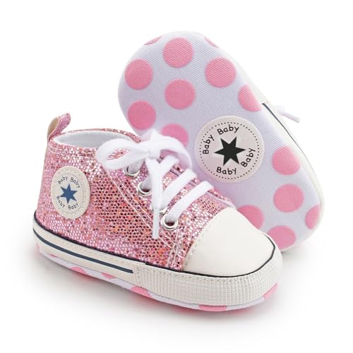KKIIDDSS Unisex Baby Girls Boys Canvas High-top Shoes, Newborn Infant Anti-Slip Soft Sole Frist Walking Sneakers (B02/Sequin Little Purple,0-6 Months)