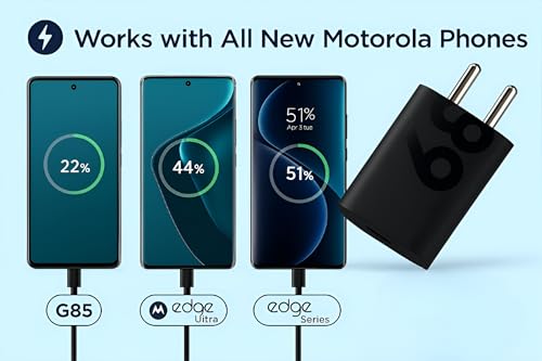Image of Original Motorola 68W TurboPower Type-C Wall Charger + 3.3ft 6.5 Amp Cable, Gan Tech, Fastest for Motorola Edge 60 Ultra, 60 Pro,60 Fusion,50 Ultra,50 Pro,50, Moto G57,G67,G85,G45,G96 - Tablet, Black