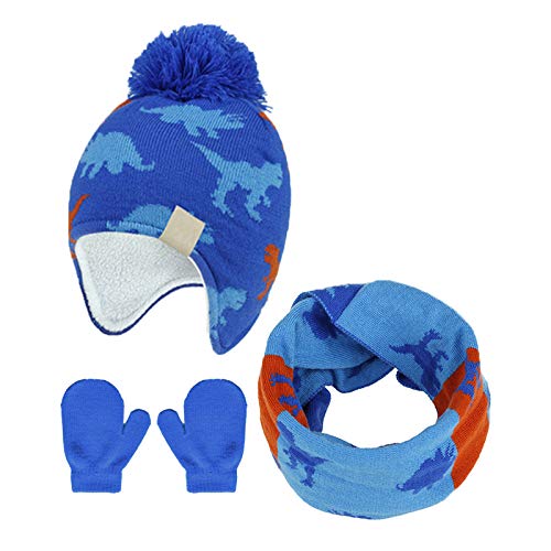 Image of ACTLATI Winter Dinosaur Boy Winter Hat Scarf Mittens Set Warm Beanies Earflap Fleece Pompom Lining Cap for Toddler Kids