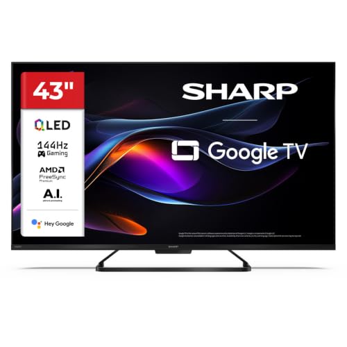 SHARP 43HR7365E – Google TV, 43" UHD, Rahmenlos, 144 Hz, QLED HDR10, Dolby Vision HDR, Google Assistant mit Mikrofon, Chromecast, Bluetooth, Dolby Atmos 2x10 W, HDMI 2.1 x4, USBx2, Farbe Schwarz