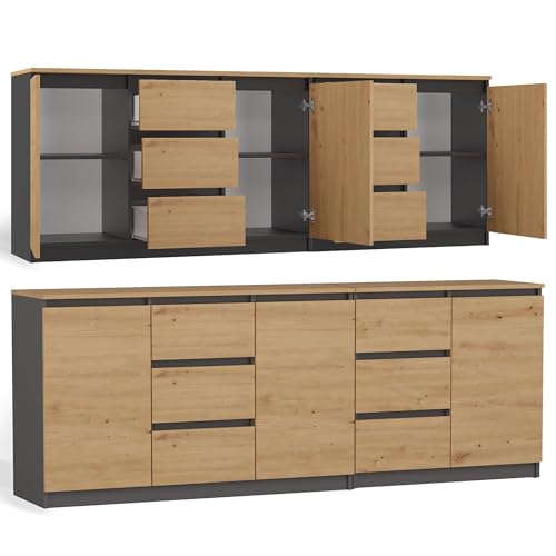 CDF Sideboard 200cm grifflos 3 Türen 6 Schubladen Kommode Anrichte Wohnzimmer Schrank viel Stauraum Schlafzimmer Büro Flur Rollschienen Stahlscharniere Eiche Artisan Anthrazit modern 16mm Spanplatte