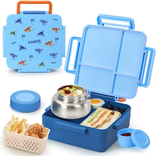 Image of Bento Box for Kids with Thermos, [Large Capacity] Kids Lunch Box Containers with 4 Compartment for Ages 3+, Drop-Proof & Dishwasher Safe Food Container Blue