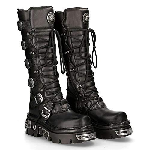 New Rock Men's 272-S1 Metallic Black Leather Gothic Emo Knee High Boots with Lace and Buckle Fastening2