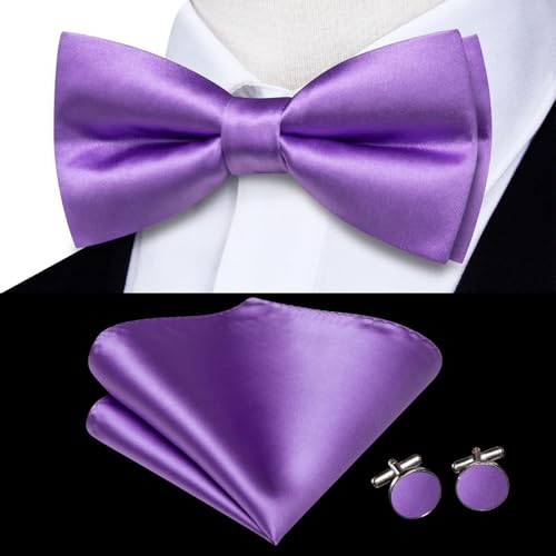 Image of Hi-Tie 5Pcs Mens Solid Color Silk Tie Satin Pretied Bowtie Lapel Pin for Men Handkerchief Cufflink Wedding Gift Box