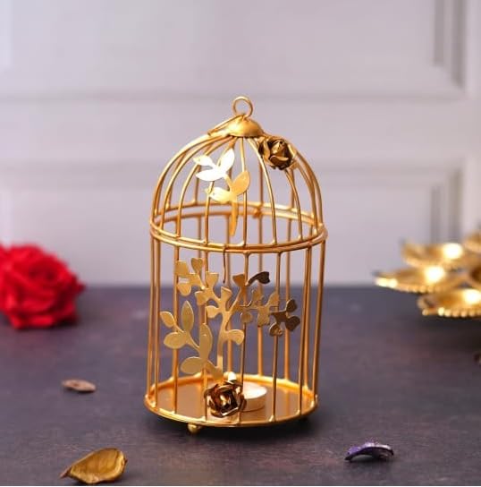 Decorative Metal Bird Cage Tea Light Holder, Gold Finish, Floral Design, Vintage Style-image-8