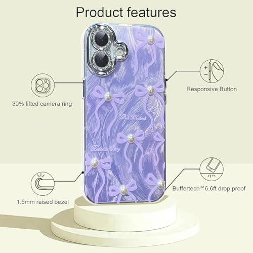 Image of VONZEE Compatible with iPhone 17 6.3'' Case Luxury Pink Girly Cute 3D Bow Pearl Glitter Bling Case with Full Camera Protection Shockproof PC+TPU Glossy Shiny Cover for Girls Women, Purple