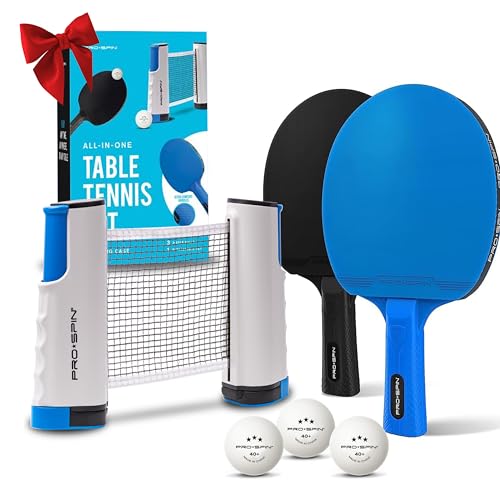 PRO-SPIN All-in-One Ping Pong Set - Retractable Ping Pong Net for Any Table (72'), Ping Pong Paddles and Balls, Storage Case (2-Player Ultra-Comfort Set, Blue/Black)