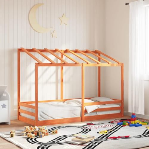 HaoChrymec Letto per Bambini con Tettoia, Legno Massello di Pino, Struttura Resistente, Design Moderno, single bed, letto bambina, per Camera dei Bambini e Cameretta, Marrone Cerato, 90x190 cm