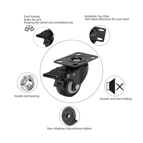 Image of 2 inch Caster Wheels Heavy Duty Casters Set of 4 Locking Swivel Casters with Brake Double Ball Bearing No Noise Non Marking Top Plate Castor Wheels for Cart Furniture Workbench