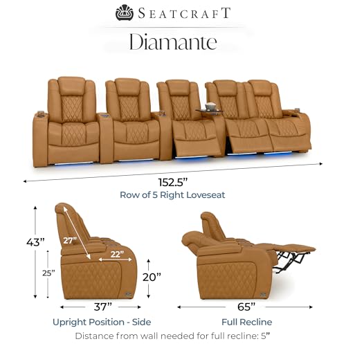 Image of Seatcraft Diamante Tan Oak Italian Leather Home Theater Seating, Zero Gravity Power Recliner Gaming and Home Office Chair Powered Headrest Lounge Sofa Furniture Cinema Room, Row of 5 Right Loveseats