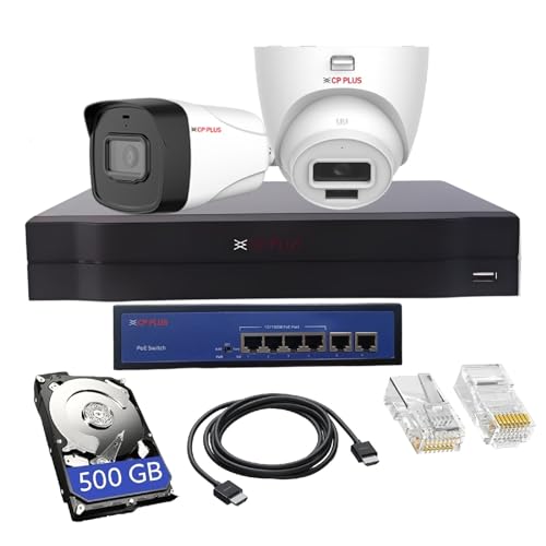 Image of CP PLUS 4 Channel Full HD NVR with 1x 2 MP Outdoor and 1x Indoor Built-in Audio Mic Wired IP CCTV Cameras, Motion Detection, 500 GB HDD, 4 Port PoE, RJ45 Connector (Without CAT6 Cable) - White
