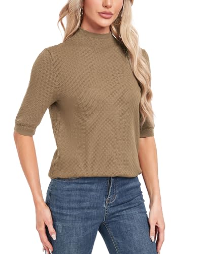 Image of MINTLIMIT Womens Turtleneck Sweaters Short Sleeve 2024 Fall Winter Casual Texture Shirt Blouse Knit Pullover Sweater