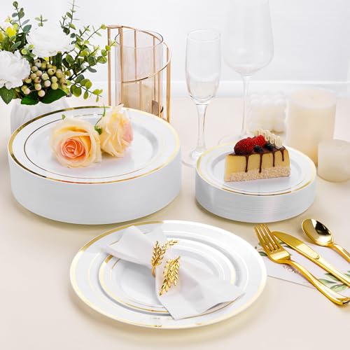 BESTSTAR 100PCS White Plastic Plates for Party, 10.25 Inch Disposable Plates with Gold Rim, Heavy Duty Dinner Plates for Christmas, Thanksgiving, Party, Wedding and Birthday - Image 7