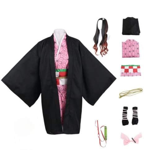 Disfraz De Cosplay De Anime Para Kamado Nezuko Outfit Halloween Kimono Maid Dress Uniforme Con Peluca (Kamado Nezuko,L)