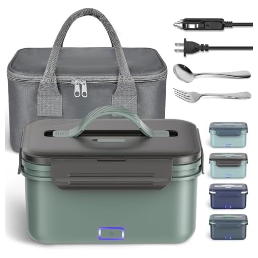 Vingud Electric Lunch Box Food Heater 100W, 4 in 1 Heating Lunch Box for Work/Car/Truck, Heated Lunch Boxes for Adults with Fork Spoon and 1.8L Stainless Steel Container, 12V 24V 110V 220V