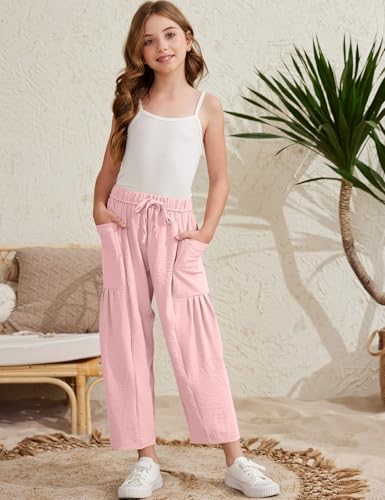 Image of COZYPOIN Girl's Wide Leg Pants Elastic Waist Loose Fit Flowy Casual Beach Palazzo Harem Trousers with Pockets 5-14 Y