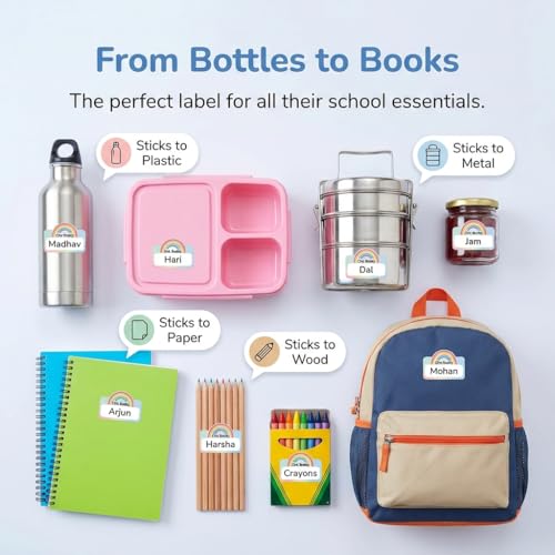 Image of 80 Waterproof Name Stickers for Kids School | Write On Labels for Bottle, Lunchbox, Books | Personalized Name Tags | Strong Adhesive, Smudge Proof | Chic Buddy