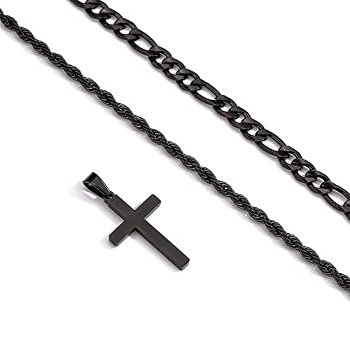 P.BLAKE 2 Pcs Cross Necklace With Chain for Men Boys, Layered Mens Stainless Steel Figaro Link Rope Chain 16-24 Inch Christian Religious Cross Pendant Necklaces Jewelry Gifts