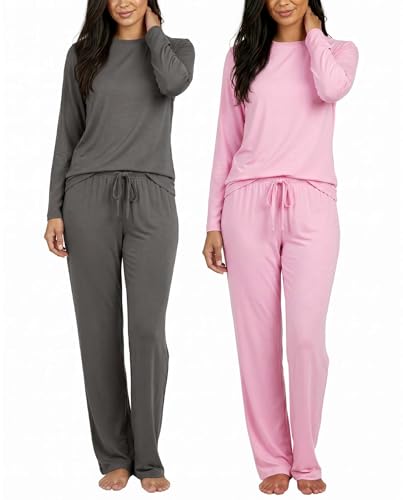 Image of Real Essentials 2 Pack: Women's Long Sleeve Pajama Sets - Soft Comfy 2 Piece PJ Set Matching Ladies Sleepwear (Plus Size)