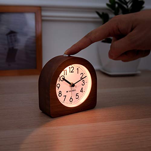Navaris Wood Analog Alarm Clock - Half-Round Battery-Operated Non-Ticking Clock With Snooze Button And Light - Dark Brown #TOP1