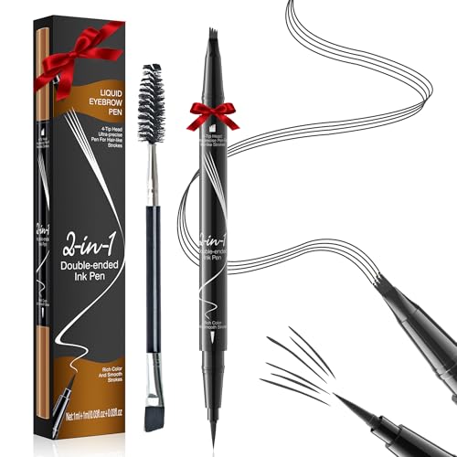 Microblading Eyebrow Pen Waterproof - Eyebrow Pencil Magical 2-in-1 Dual-Ended Eye Brow Pencils for Women with 4-Fork-Tip & Precise Brush-Tip & Eyebrow Brush, Natural Hair Like Strokes (Grey)