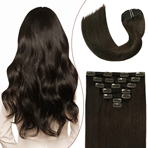10A Grade Clip in Hair Extensions Double Weft No Tangling No Shedding 100% Remy Human Hair Darkest Brown 20"7pieces 120g Hair Real hair for Fashion Women