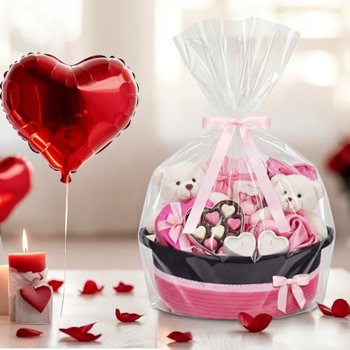 Image of Colingmill 1 Set Woven Basket for Gift Empty with Cellophane Wrap Set 14 x 10 x 5.5 Inch, Medium Decorative Gift Basket Empty to Fill, Cotton Rope Storage Box Decor (Black Hot Pink)