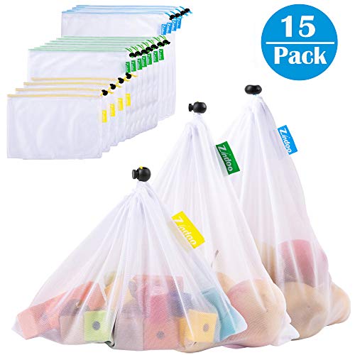 Zindoo Bolsas Compra Reutilizables Ecológicas, Alternativa al plástico, Lavable y Transpirable Bolsa de Malla para Almacenamiento Fruta Verduras Juguetes 15PCS(4S*7M*4L)