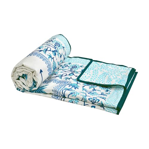 Image of BLOCKS OF INDIA Hand Block Printed Cotton Single Size Reversible Malmal Dohar for Summer (Turq Tree Lily)