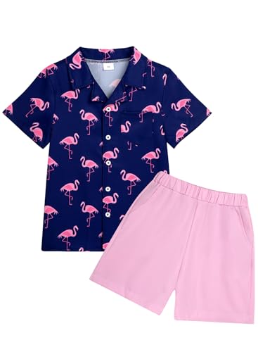 Dolxico Toddler Baby Boy Outfits Summer Clothes Infant Boys Flamingo Pattern Short Sleeve Button Down Shirt & Elastic Waist Casual Beach Shorts Set with Pockets 12-18 Months Flamingo