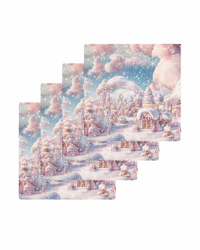 Hokiten Pink Christmas Waffle Kitchen Towels Dishcloths, Blue Sky Xmas Tree Snowflake Absorbent Dish Towels | Hand Towels for Bathroom/Bar, 12 x 12 Inch, 4 Pcs