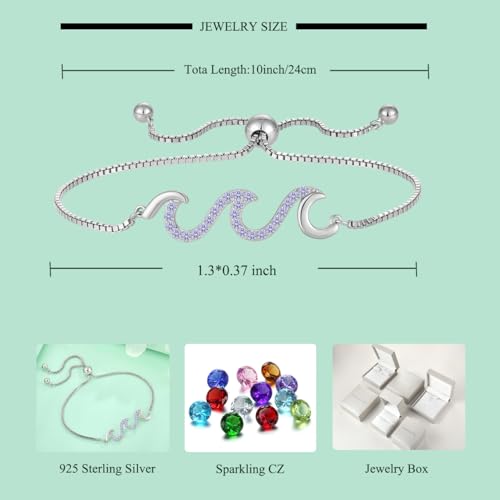 STARCHENIE 925 Sterling Silver Wave Bracelet for Women Adjustable Birthstone Bracelet Beach Ocean Jewelry 5