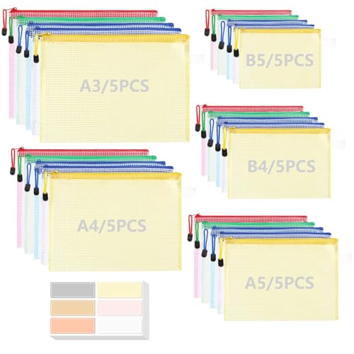Smivyhp 25 Stück Wasserdichte Dokumententasche A3+A4+A5+B4+B5, Dokumentenmappe mit Reißverschluss, Dokumententaschen mit Labels, Beutel Organizer für Datei Prüfungspapier Quittungen Kosmetika