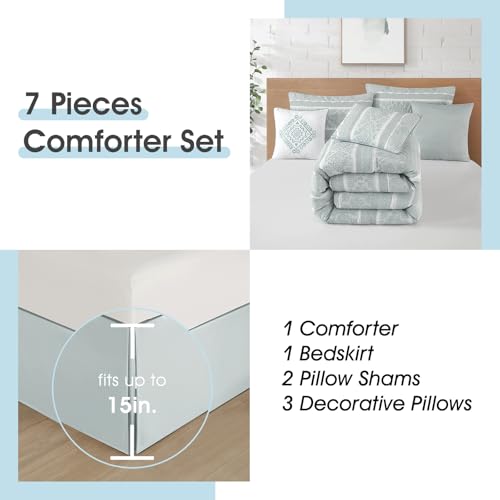 Image of LANCO MODERN LIFESTYLE 7 Piece King Comforter Set, Dusty Green, Elegant Jacquard with Patchwork, Stylish and Cozy Bedding Collection, Premium Bedding Set with Bedskirt, Shams and Pillows
