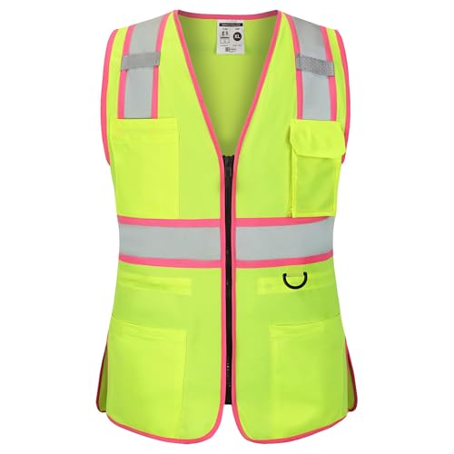 Image of FATONE Women's ANSI Class 2 High-Vis Safety Vest with Reflective Strips, Zipper Pockets & Adjustable Waist - Yellow /Pink Construction Work Vest for Warehouse Personnel, Road Crews S