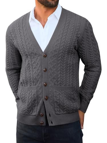 Runcati Mens Cardigan Sweater Casual Cable Knitted V Neck Button Down Winter Sweaters Dark Gray