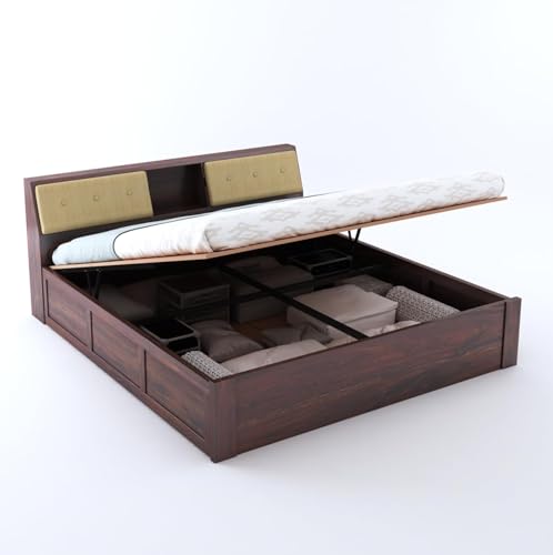 Image of TG Furniture Sheesham Wood Queen Size Bed with Storage | Wooden Double Bed with Hydraulic Storage for Bedroom & Hotel | Platform Cot Bed Palang | 78X 60 Inch, Walnut Finish