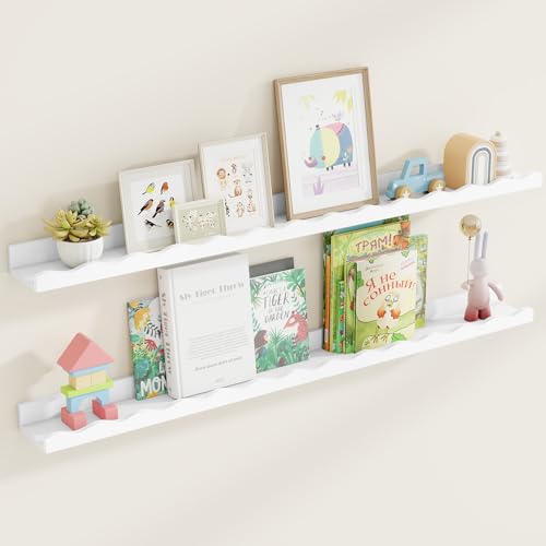 Image of Fun Memories Picture Ledge Shelf for Wall, 48 inch Pine Wood Nursery Book Shelves Set of 2- Wall Book Shelves for Kids Room, Home Decor - Kitchen Spice-White