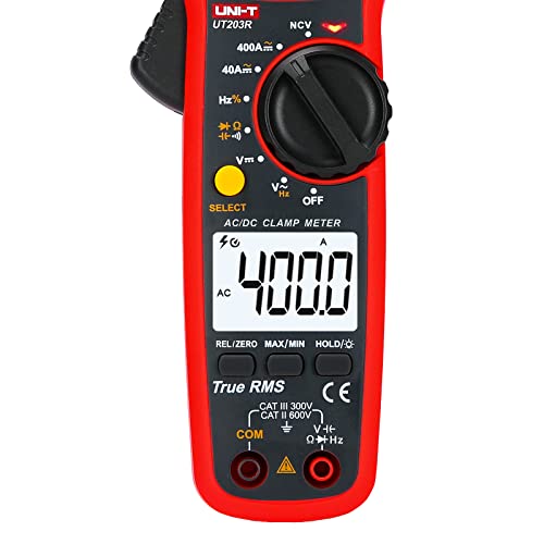 Image of UNI-T Digital Clamp Meter UT203R AC Current True RMS Volt Amp Ohm Meter HVAC Clamp On Multimeter, Auto Ranging 4,000 Counts NCV AC DC Voltage Frequency Resistance Capacitance Continuity Diode Tester