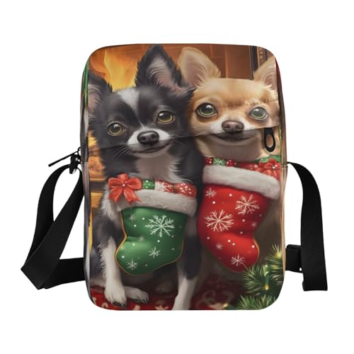 Crossbody Bag Christmas Chihuahua Puppy Dog Messenger Bag for Women Men Purse Shoulder Bag Satchel Bag with Adjustable Strap 214B9174