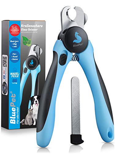 BluePet® Coupe-Griffes pour Chien, Chat et Petits Animaux avec protéction supplémentaire - Lime à Ongles intégrée - Manipulation Professionnelle - Coupe-Ongles Efficace