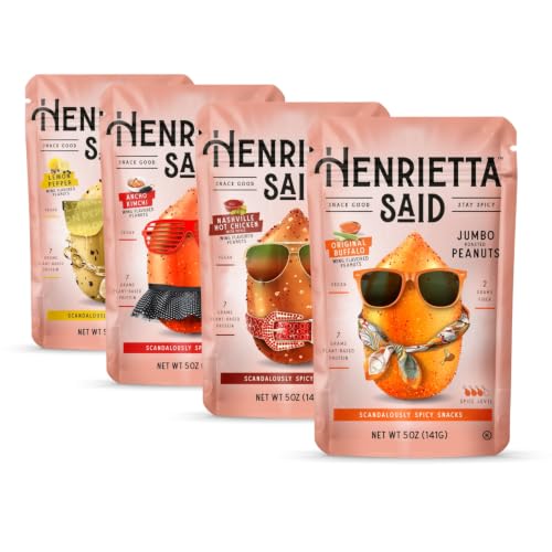Image of Henrietta Said Wing-Flavored Peanuts - Variety Pack - Truly Good Foods Shelled Snacking Nuts - Bold Flavors - Savory & Spicy - Jumbo Flavored Peanuts - Protein Packed Vegan Snack - 4 (5-oz) Packs